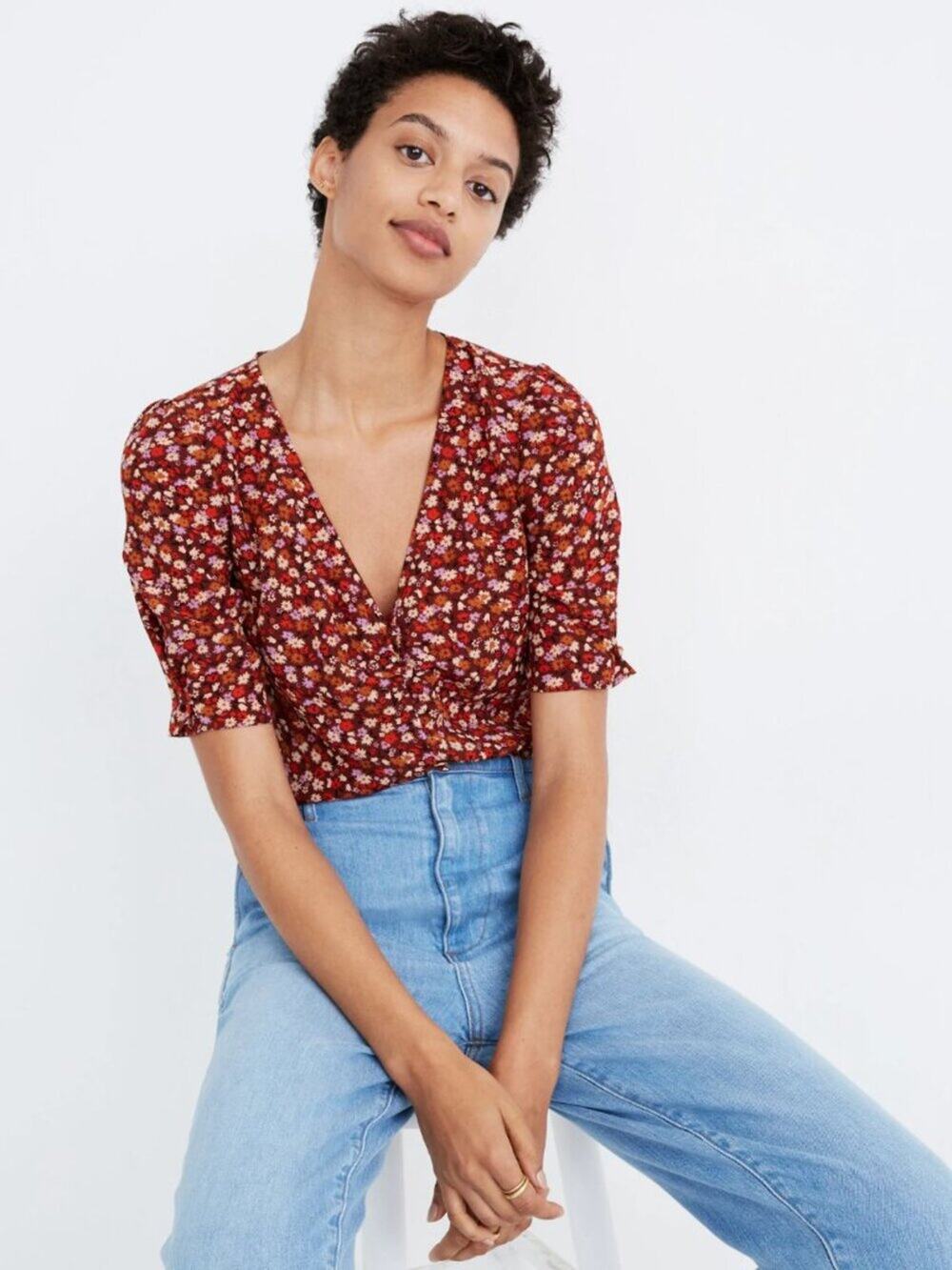 Madewell Silk Button-Sleeve Top in Spring Prairie